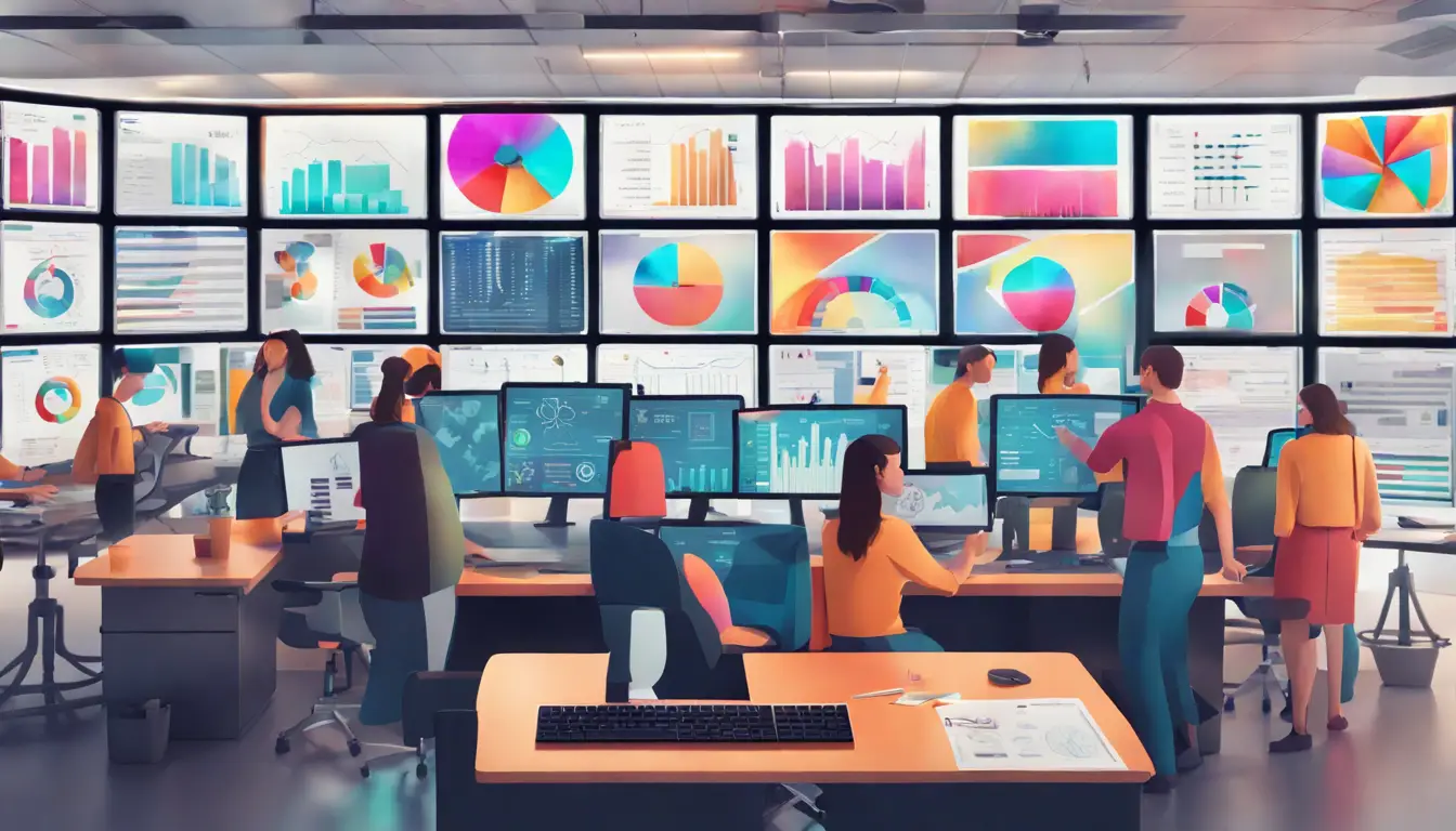 Tela de computador em escritório mostrando painel colorido com gráficos, cercada por pessoas trabalhando em mesas.
