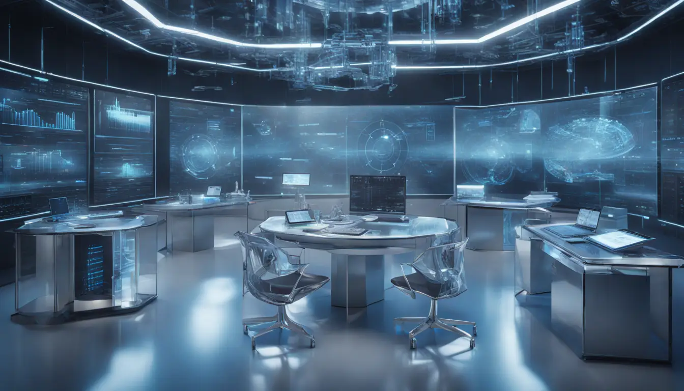 Sala de análise de dados futurística com hologramas, gadgets prateados e azuis, e tela transparente com gráficos.