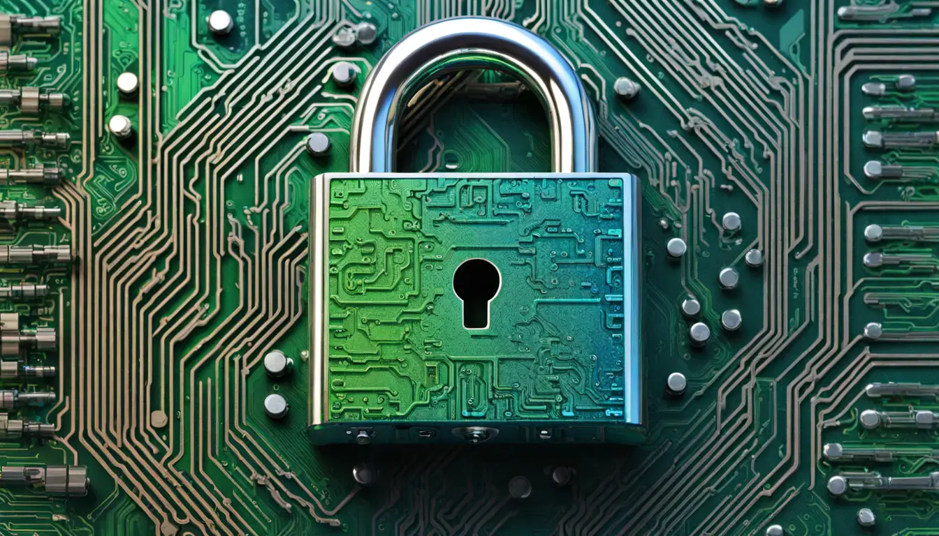 Cadeado metálico grande sobre padrão de placa de circuito digital com cores azul e verde vibrantes.