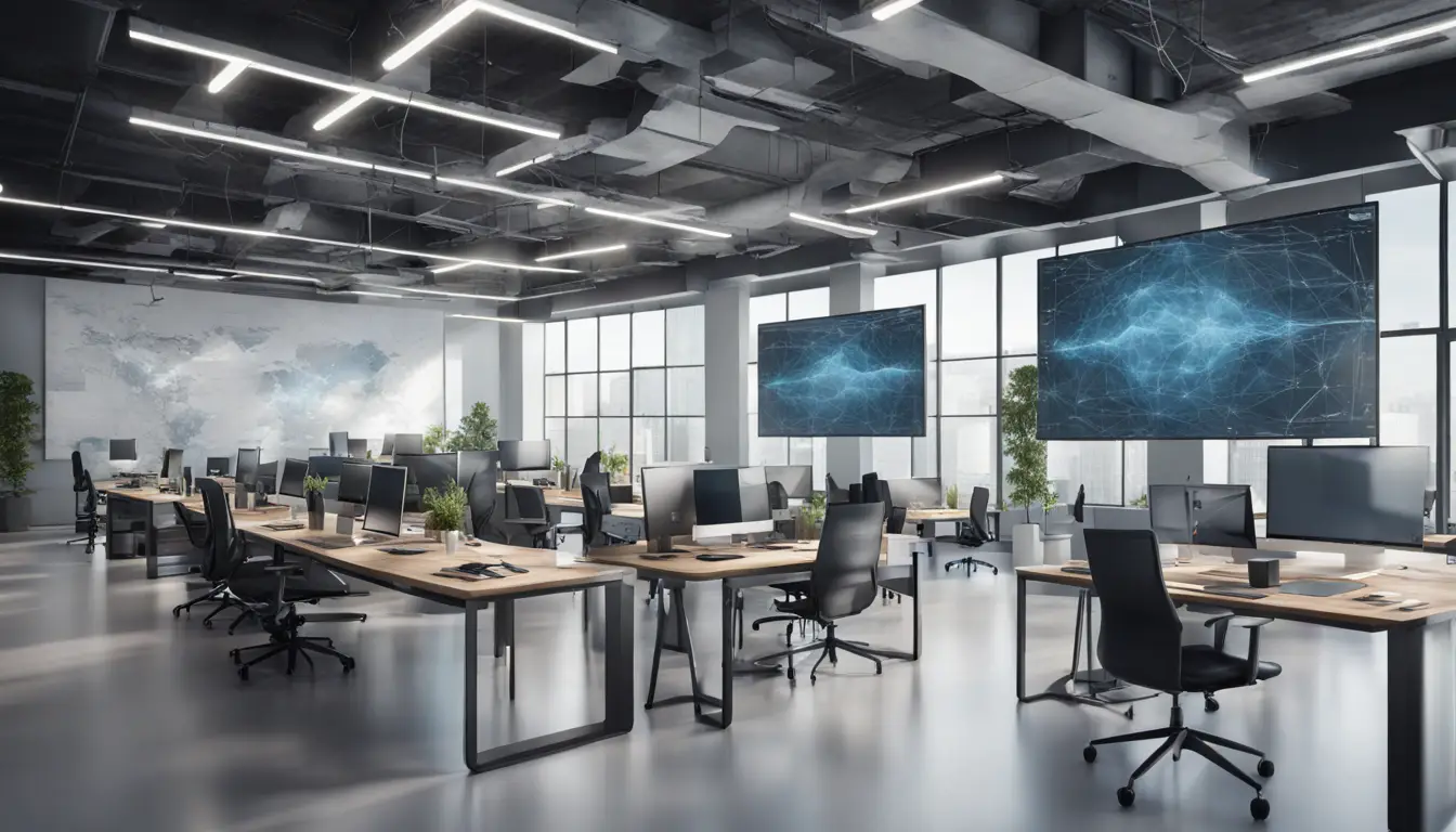 Pessoas colaborando em escritório com quadro digital mostrando infraestrutura de nuvem e nós de dados interligados.