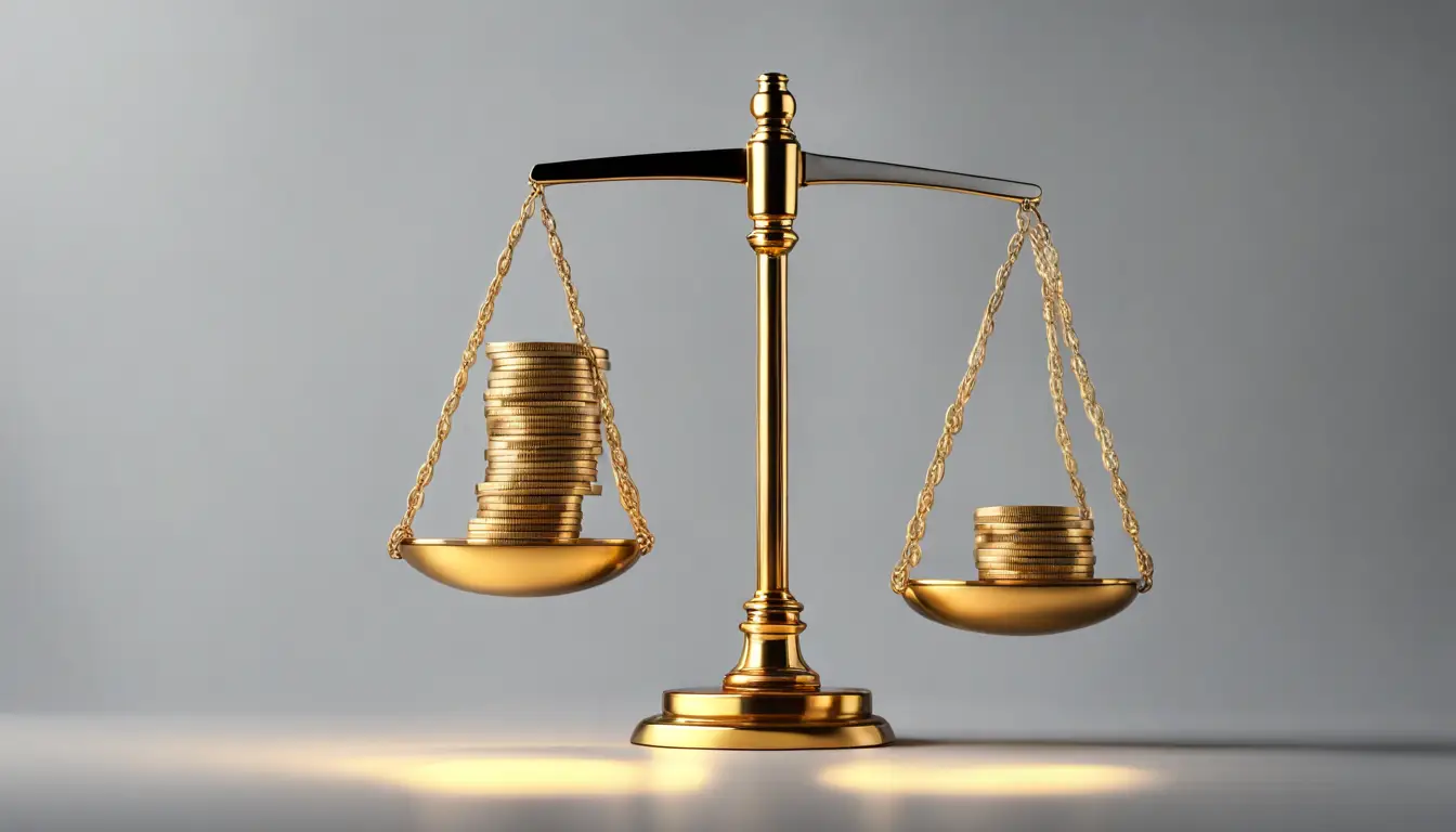 Balança equilibrada com moedas douradas de um lado e lâmpada acesa do outro, simbolizando custo-benefício.