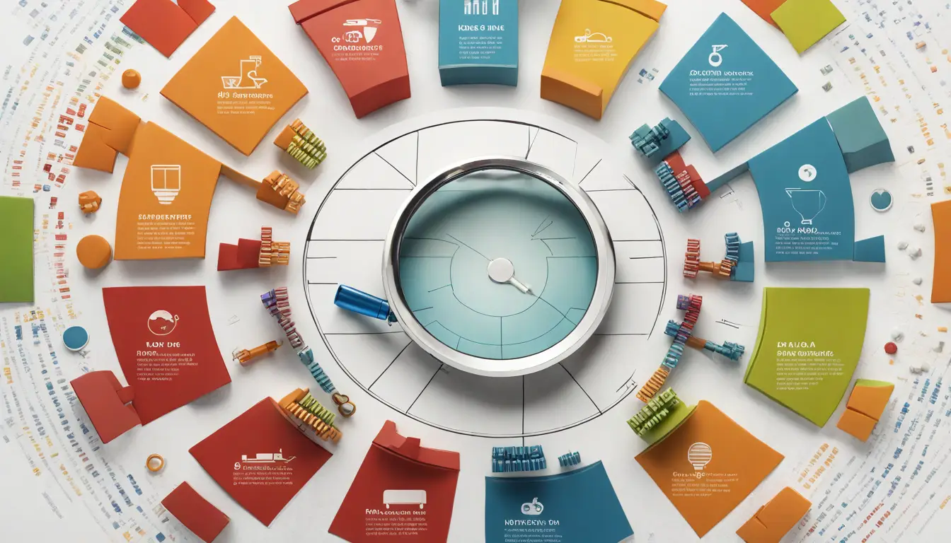 Gráfico de pizza colorido com ícones de gráfico de barras, lâmpada, engrenagem e lupa ao redor em fundo branco.