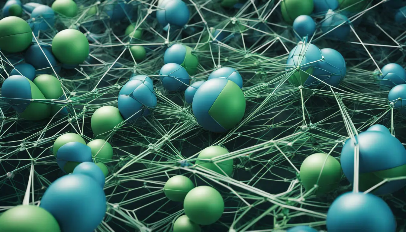 Rede de formas geométricas interconectadas em tons de azul e verde, imitando uma estrutura de tecido digital.