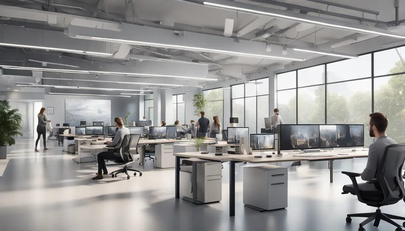 Pessoas colaborando em um escritório moderno com telas grandes exibindo interfaces do Microsoft Fabric.