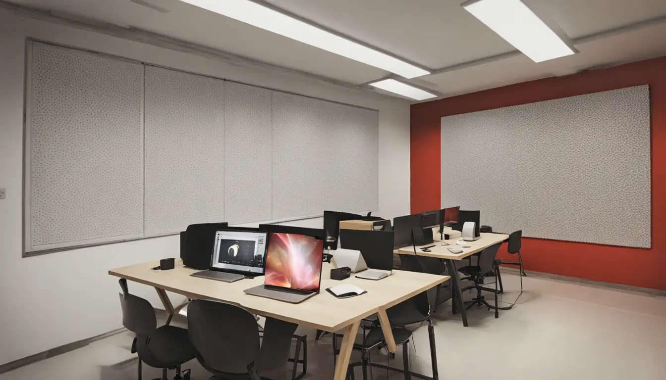 Pessoas trabalham em um escritório moderno analisando gráficos em um monitor grande, com laptops e documentos sobre a mesa.