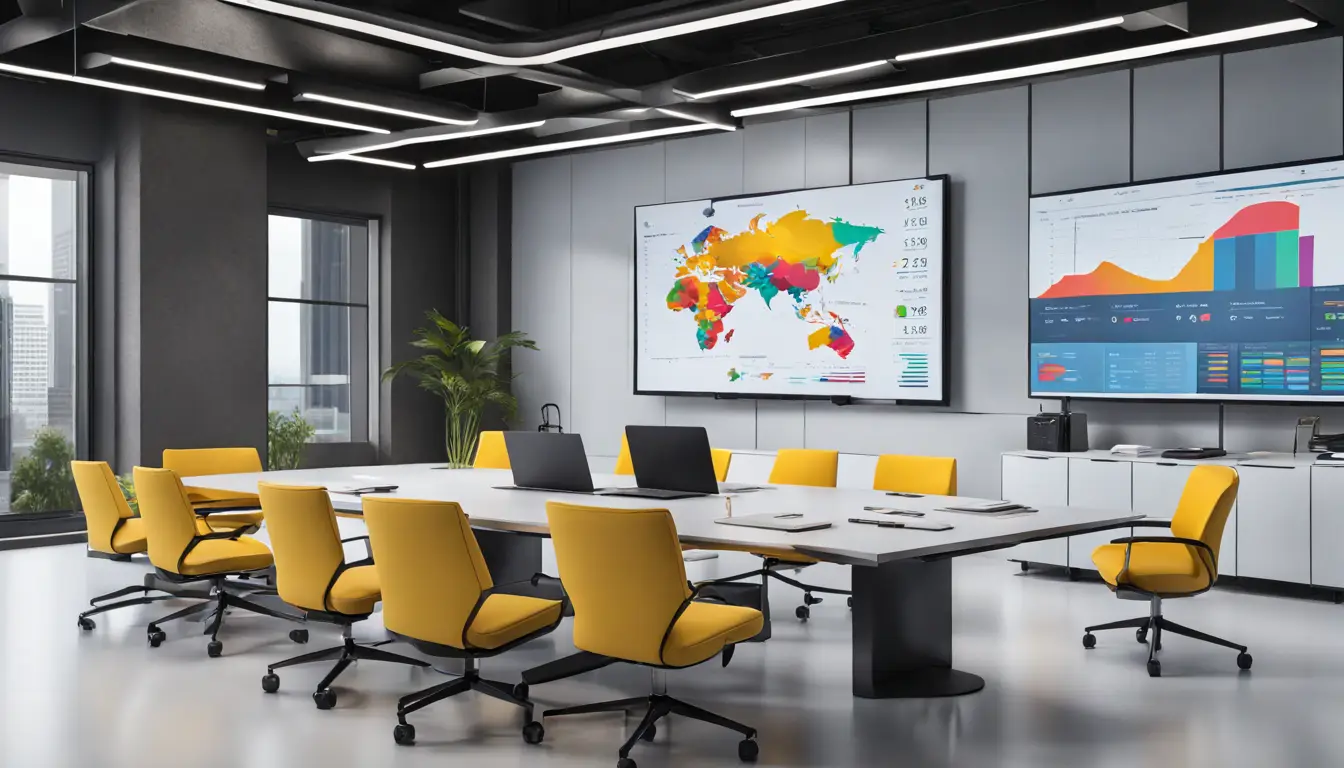 Ambiente de escritório moderno com laptops mostrando dashboards do Power BI e um gráfico de custos em tela grande.