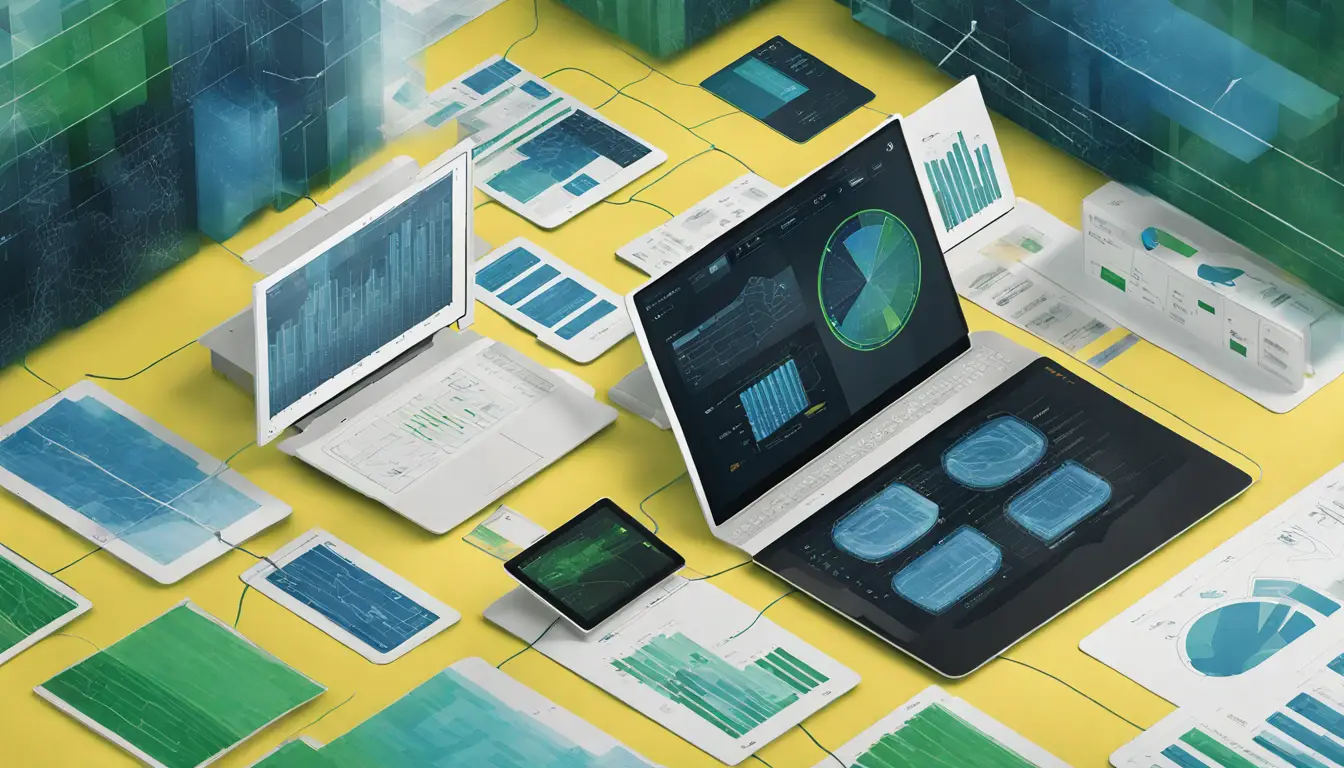 Interface digital mostrando integração do Microsoft Fabric com PowerBI com dashboards e pipelines de dados.