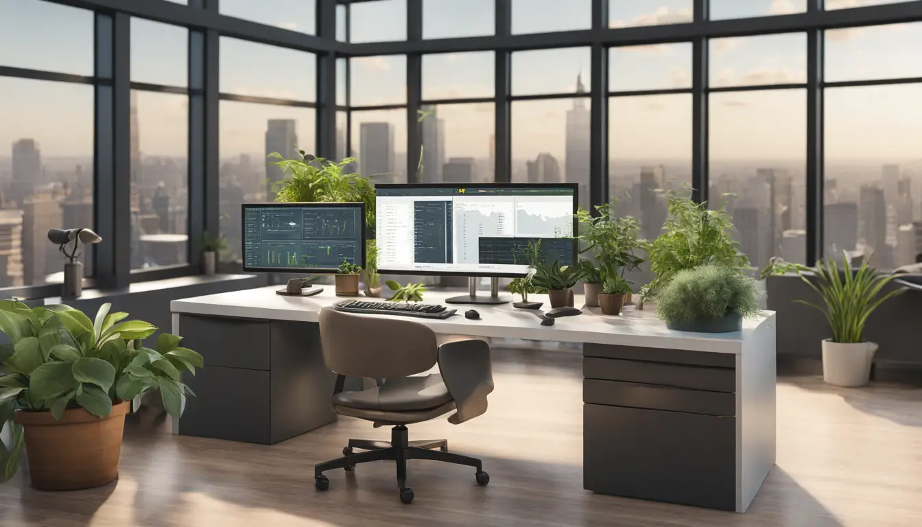 Monitor grande exibindo dashboard do Power BI em um escritório, com teclado, mouse e plantas na mesa.