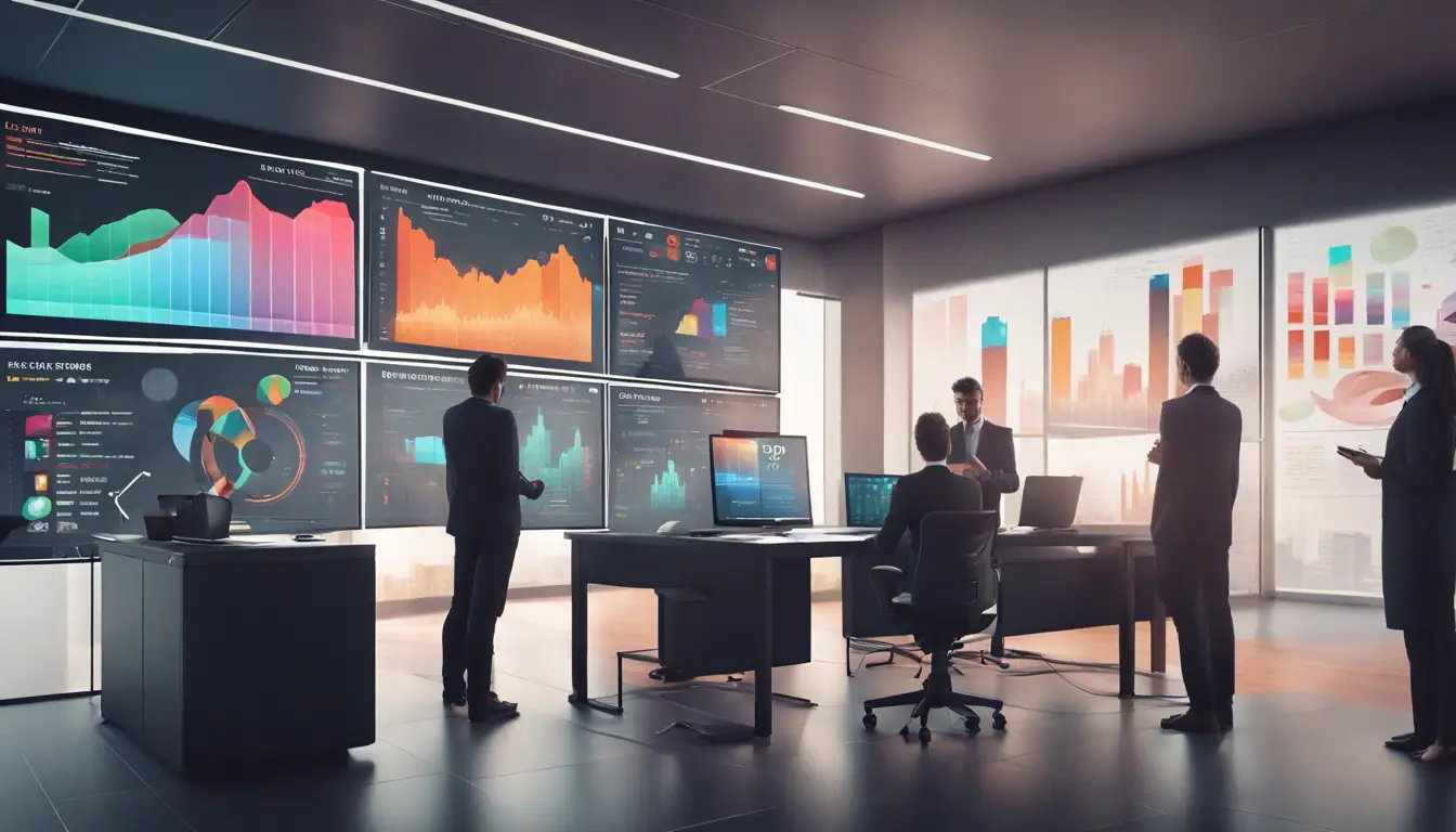 Cena de escritório com painel digital interativo exibindo gráficos coloridos e pessoas discutindo insights de dados.