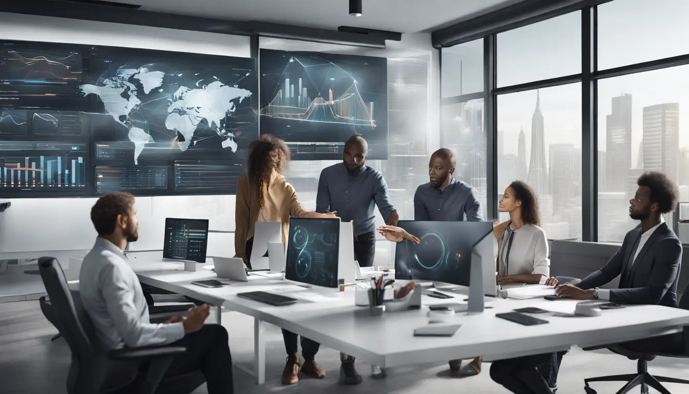Profissionais colaborando em um escritório moderno com tela digital exibindo gráficos e dados interconectados.