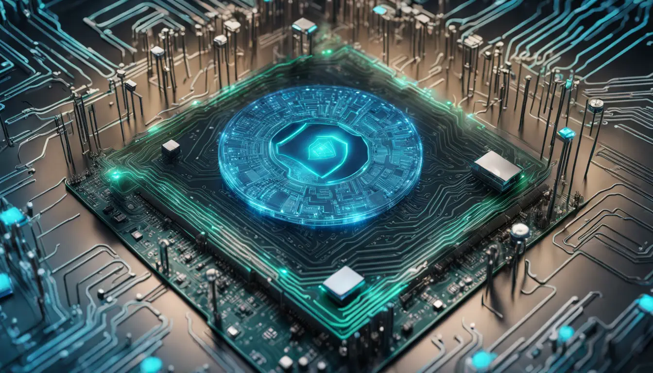 Fortaleza digital com circuitos azuis e prateados ao redor de um escudo verde flutuante, simbolizando segurança de dados.