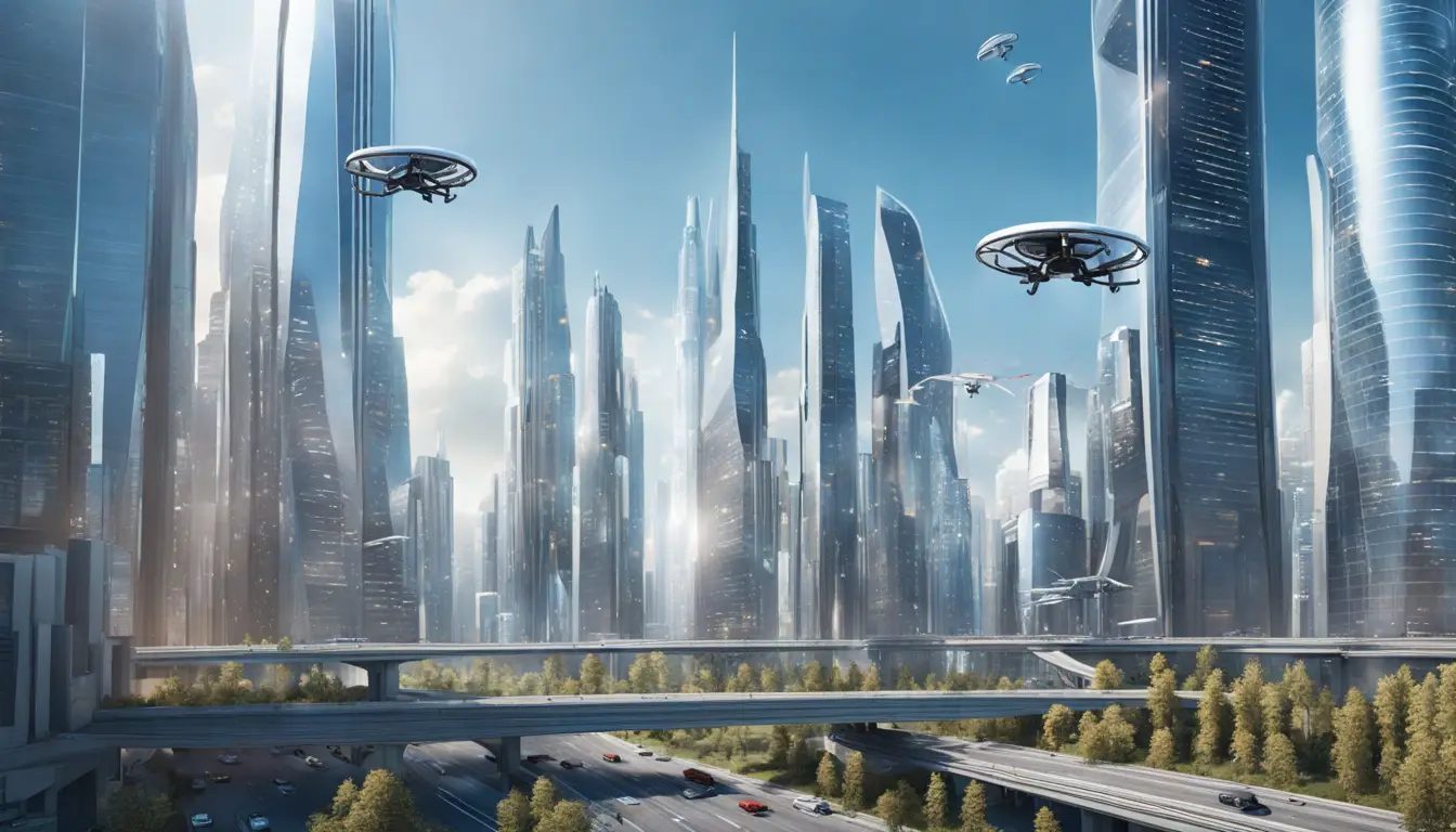 Cidade futurística com arranha-céus avançados, drones voadores e veículos autônomos em estradas elevadas.