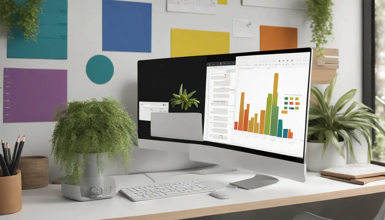 Computador portátil exibindo painel do Power BI em mesa de escritório, com gráficos coloridos e dados organizados ao fundo.