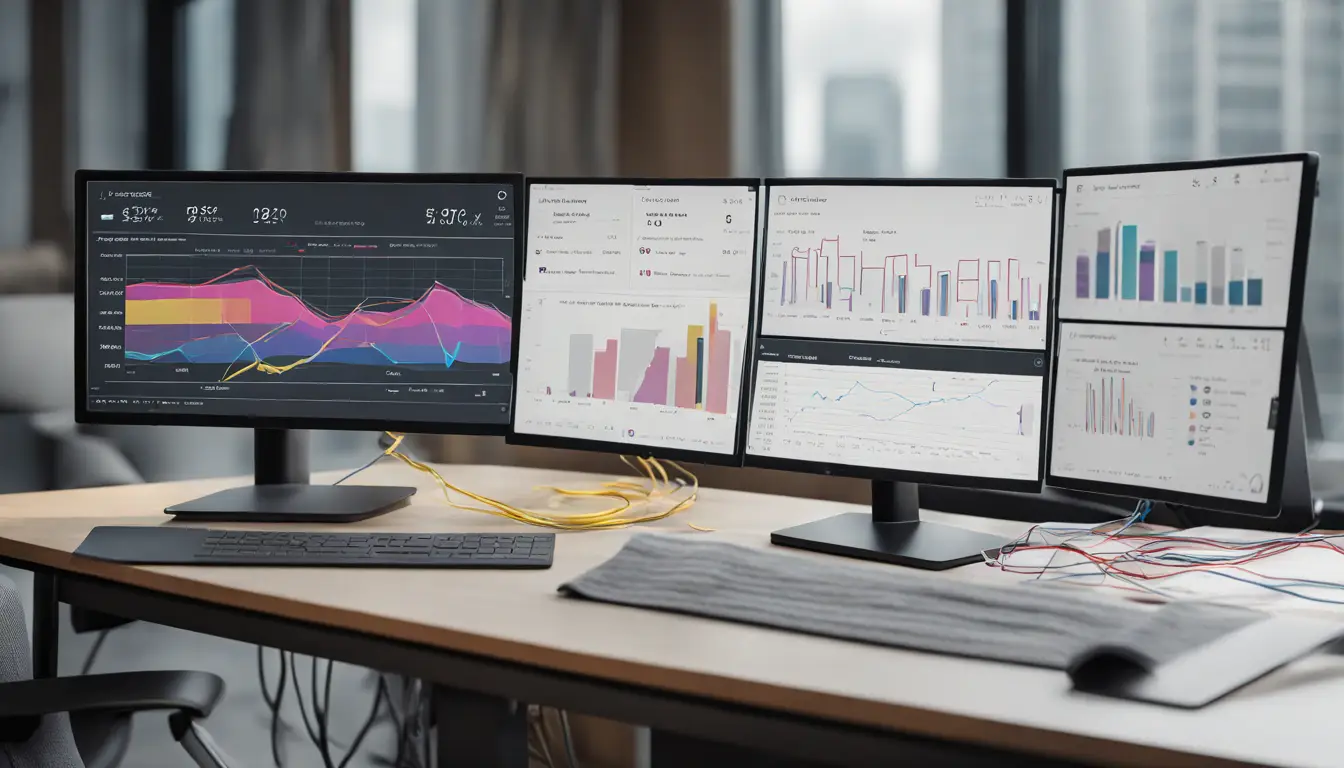 Painel digital mostrando fluxo de dados entre Microsoft Fabric e Power BI com gráficos coloridos conectados por fios.