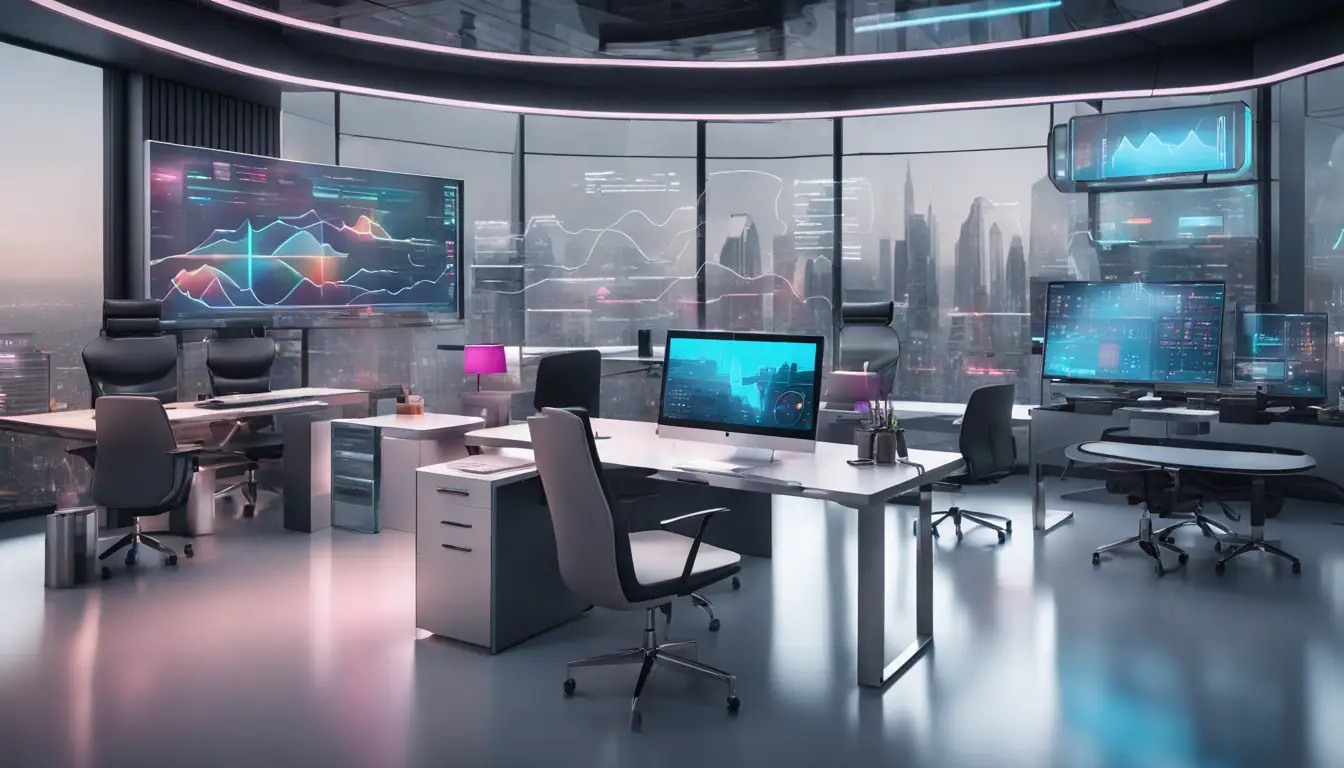 Painel digital futurista com gráficos coloridos em um escritório moderno e tecnológico.