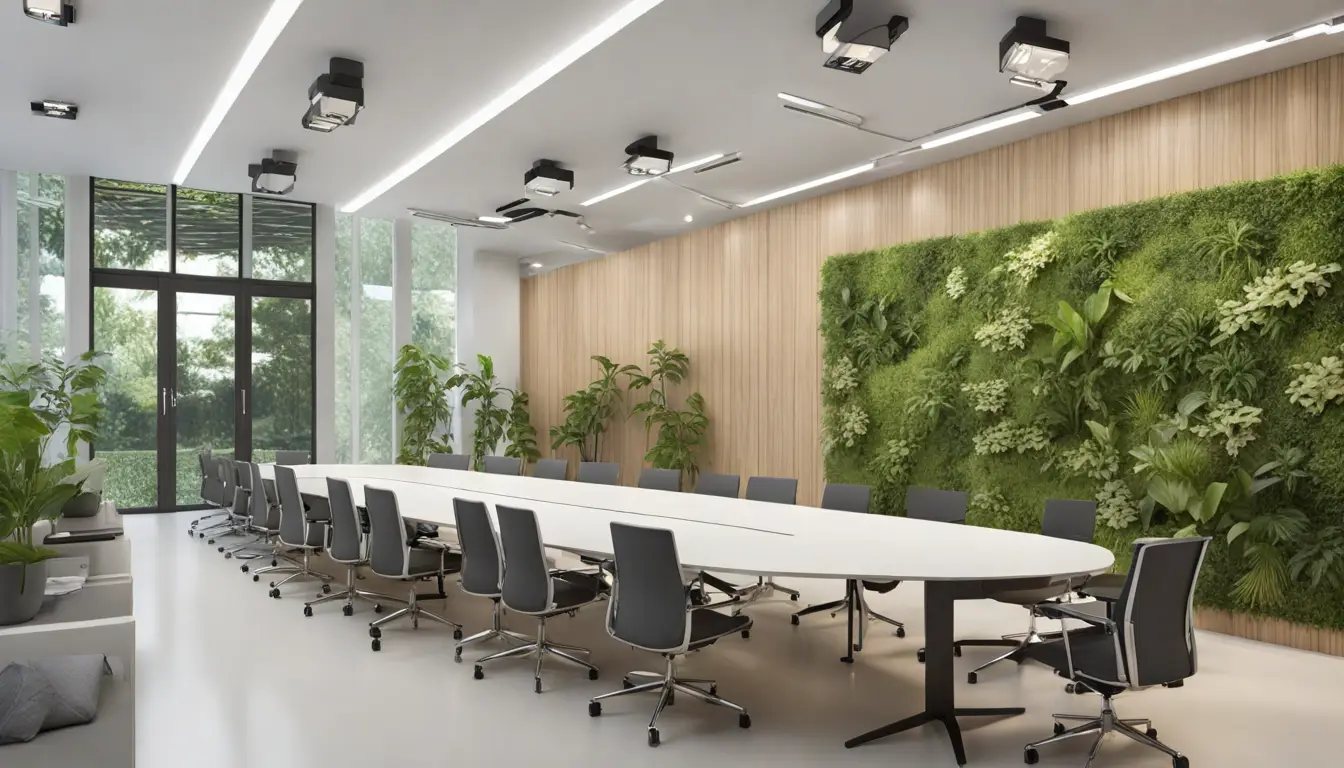 Sala de reuniões moderna com tela interativa, mesas de madeira, cadeiras cinza e janelas de vidro amplas.