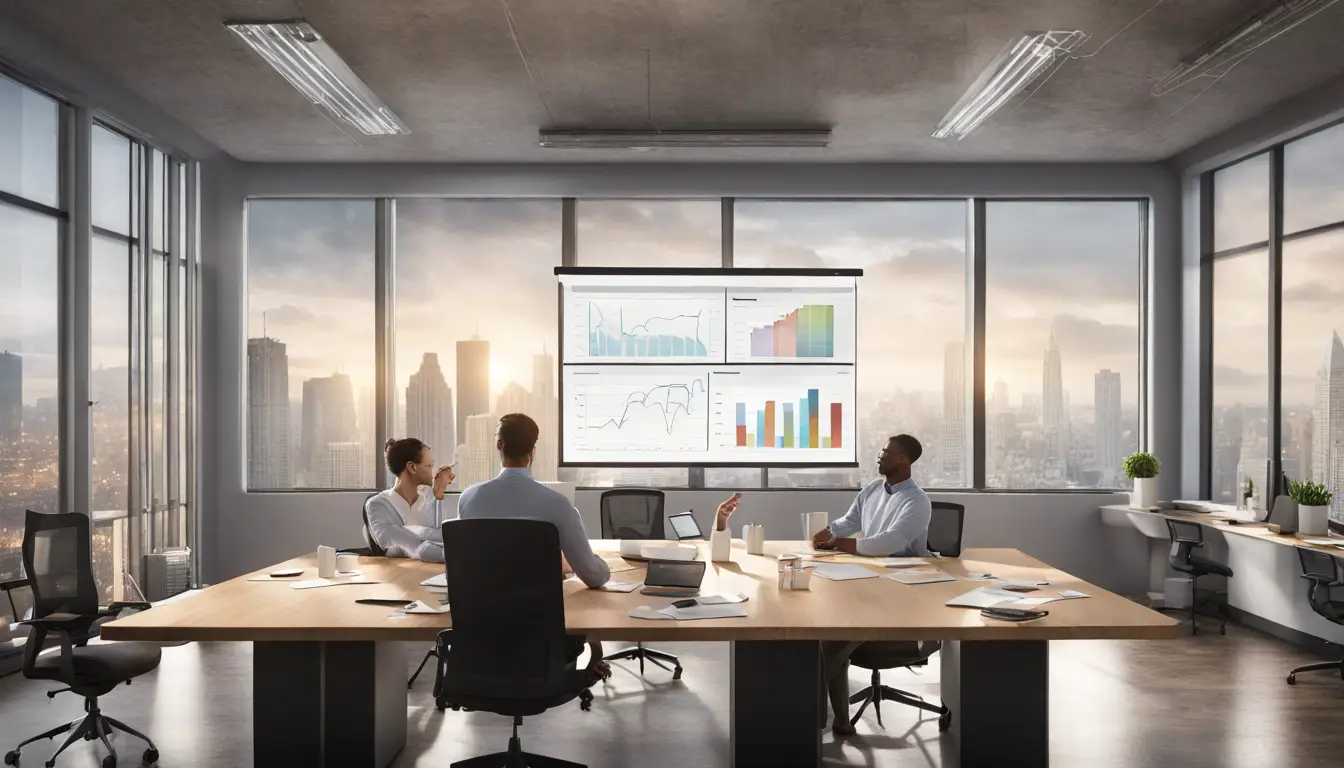 Sala de reunião com mesa de madeira, quatro pessoas, quadro com gráficos, laptop e projetor exibindo painel do Power BI.