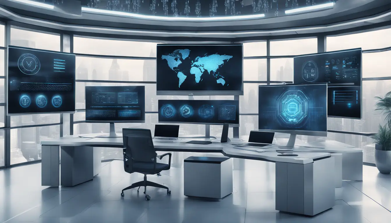 Telas de computador exibindo painéis de dados com um escudo de segurança holográfico e ícone de cadeado digital.