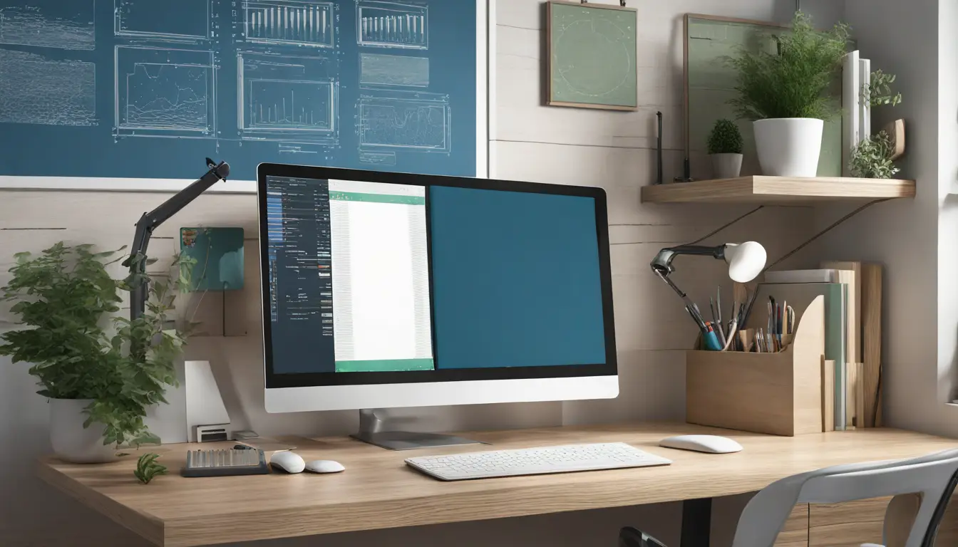 Painel de monitor em escritório mostrando fluxos de trabalho com mesa organizada e planta verde ao lado.