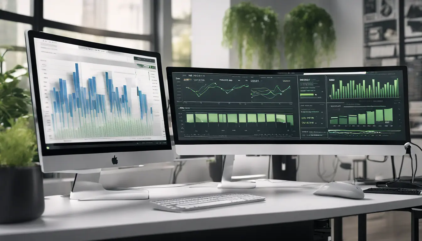 Dashboard digital com gráficos complexos em um monitor preto, em uma mesa branca moderna com teclado e mouse, em um ambiente de escritório iluminado.