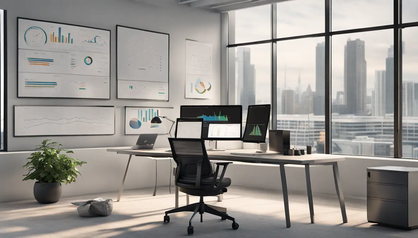 Monitor em uma mesa de escritório exibindo um painel do Microsoft Fabric com gráficos e tabelas de dados.