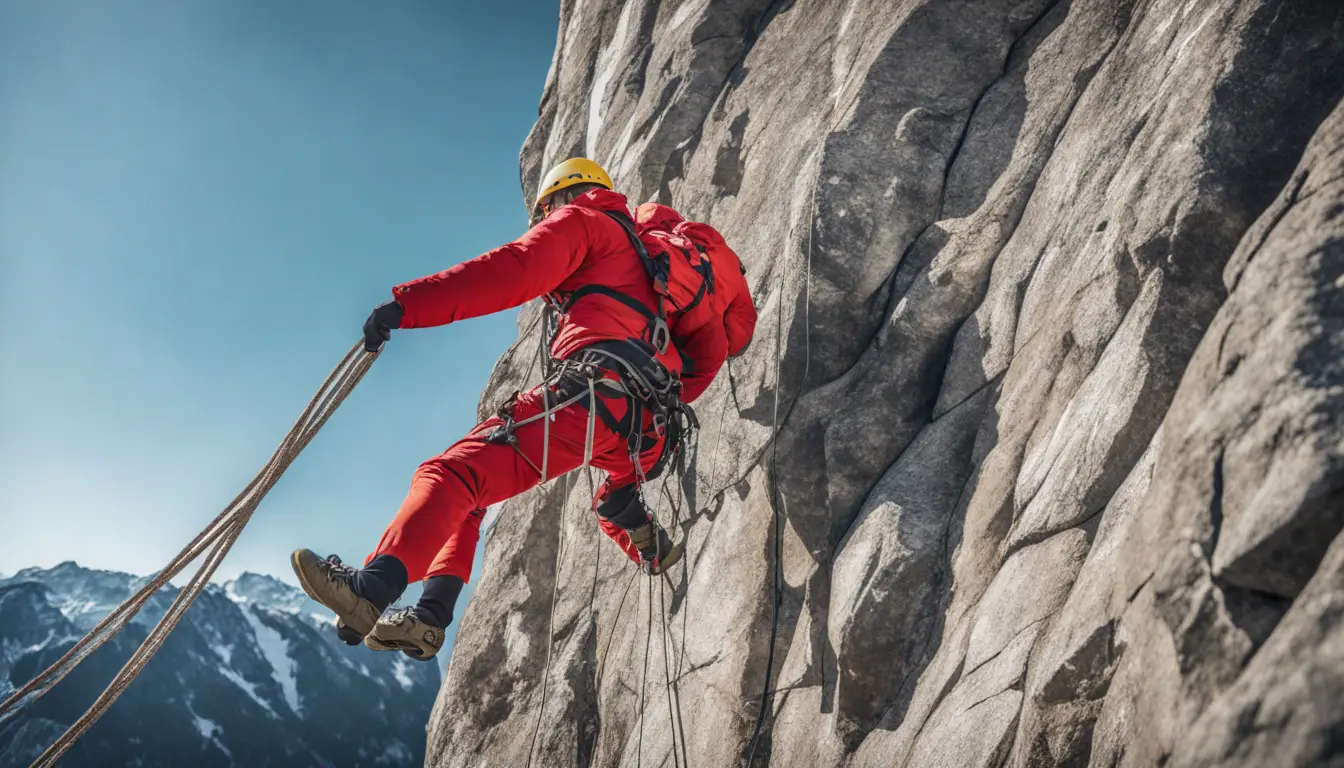 Escalador determinado em jaqueta vermelha subindo uma face de montanha rochosa íngreme com cordas.