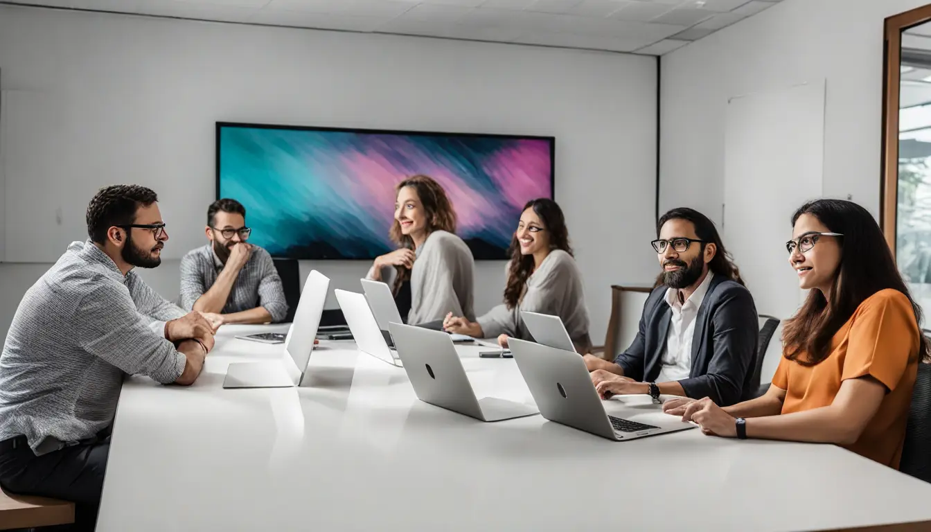 Profissionais analisam dados em tela grande em uma sala de conferências moderna.