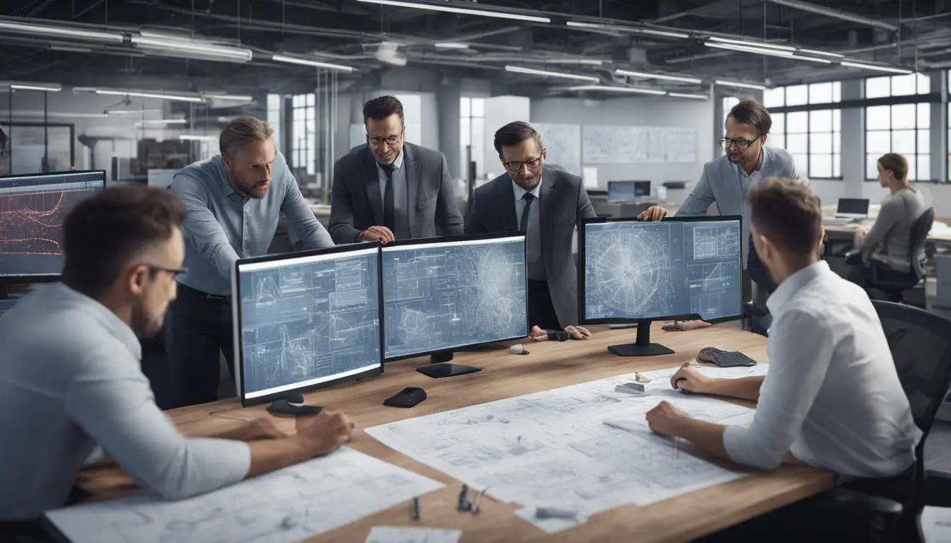 Engenheiros em escritório analisando diagramas de rede em telas e um grande rolo de tecido metálico e circuitos.