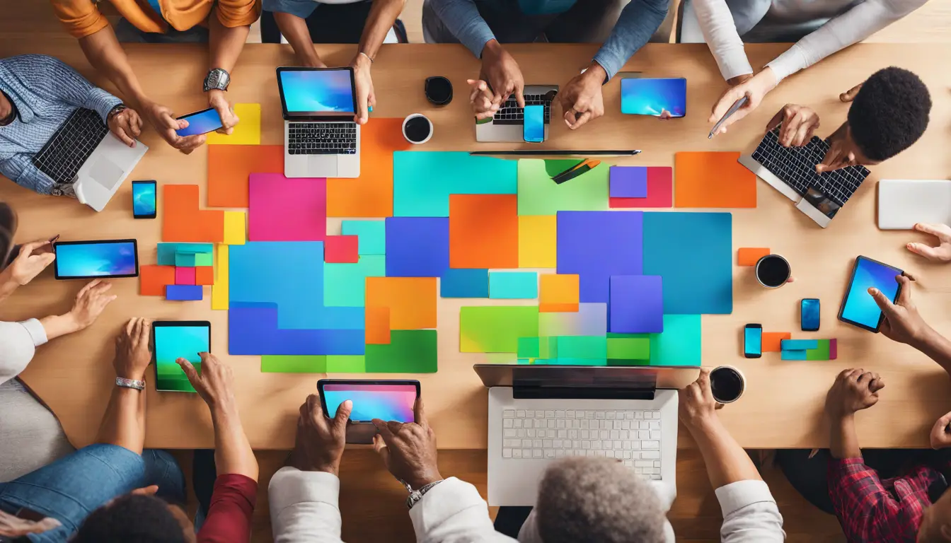 Pessoas diversas interagindo com interfaces digitais coloridas em dispositivos variados em uma mesa moderna.