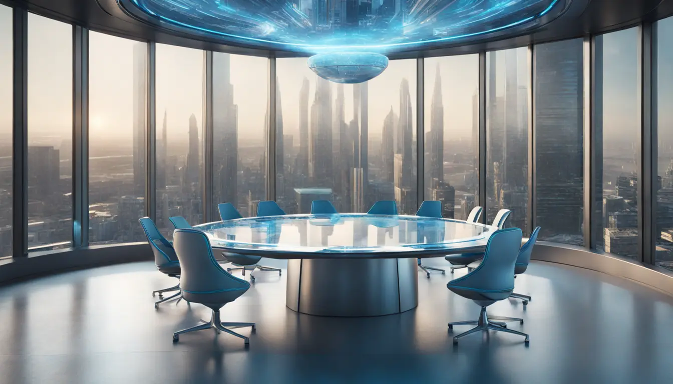 Sala de reuniões futurística com mesa redonda, cadeiras minimalistas e displays holográficos sobre a mesa.
