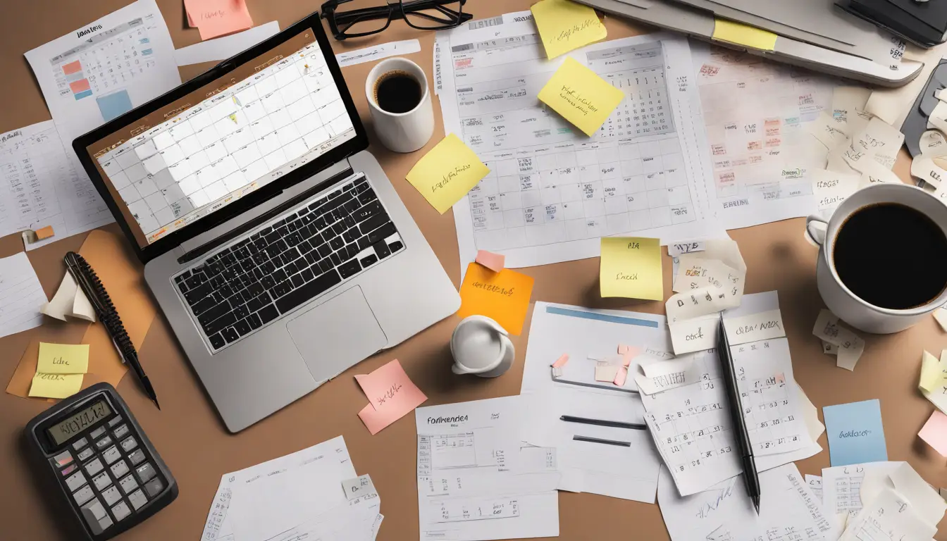 Mesa de escritório desorganizada com papéis, laptop com dashboard, calendário grande, notas adesivas e caneca de café.