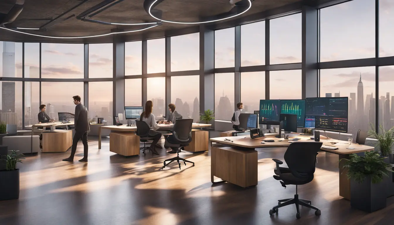 Pessoas em escritório moderno colaborando em mesa redonda, com telas de computador exibindo dashboards de dados coloridos.