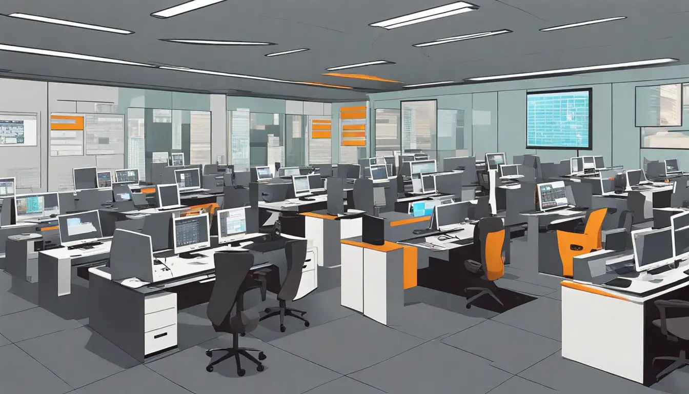 Funcionários em sala de controle de segurança com múltiplas telas de computador exibindo gráficos e câmeras de vigilância.