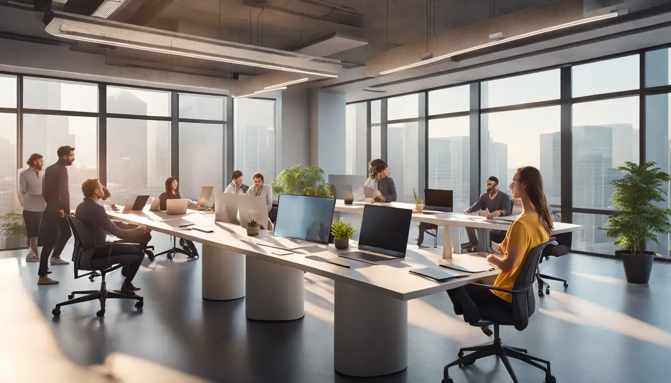 Profissionais em torno de uma mesa analisando dashboards do Power BI em laptops e tela grande, com luz solar entrando pelas janelas.