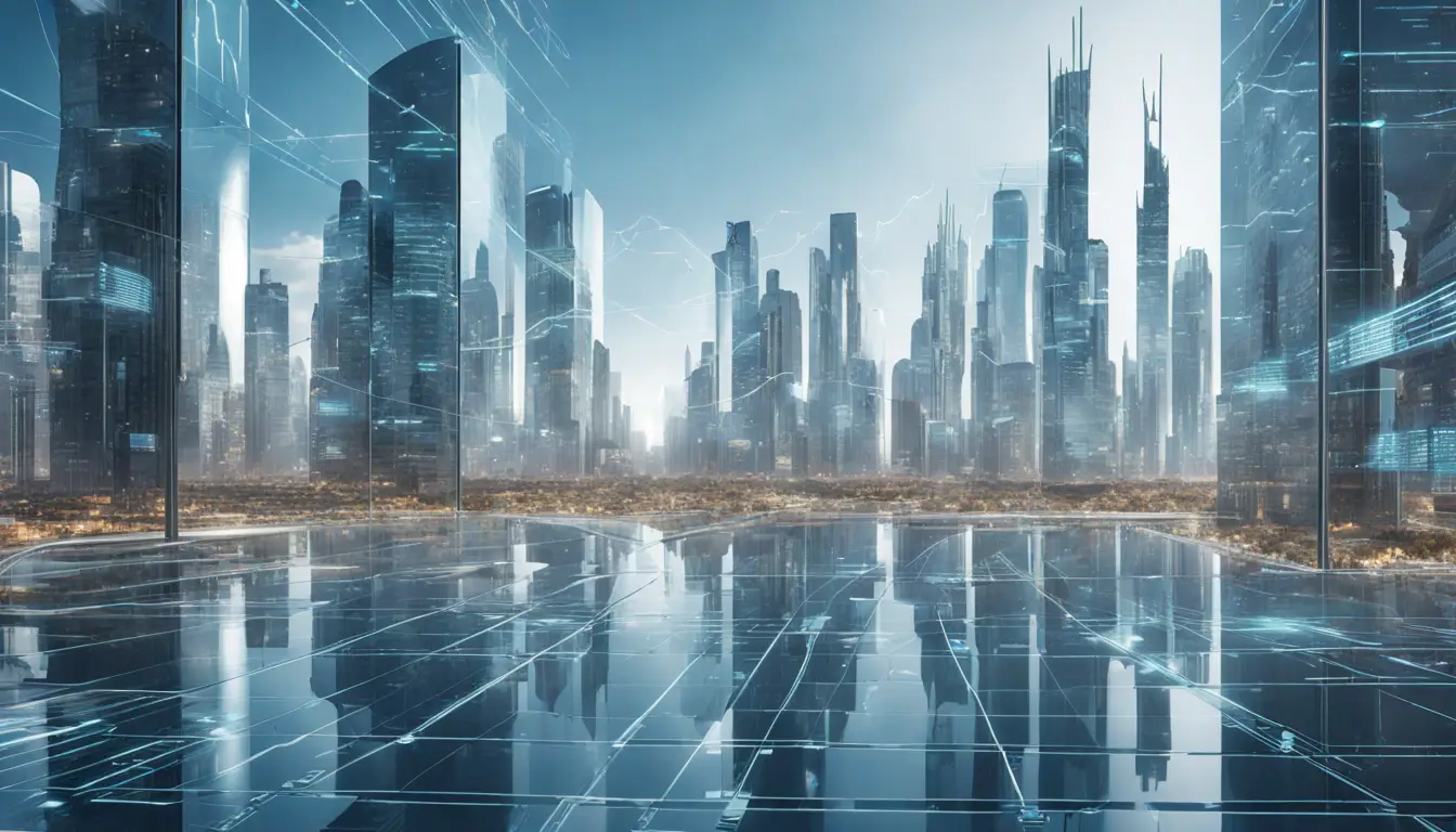 Cidade futurista com arranha-céus de vidro e aço exibindo gráficos e tabelas de dados digitais.