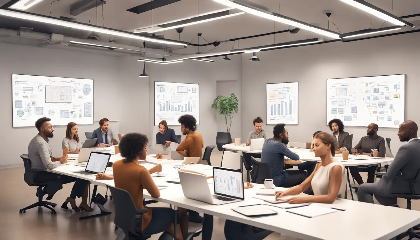Profissionais diversos em discussão animada em um escritório com laptops, cadernos e quadro branco com diagramas.