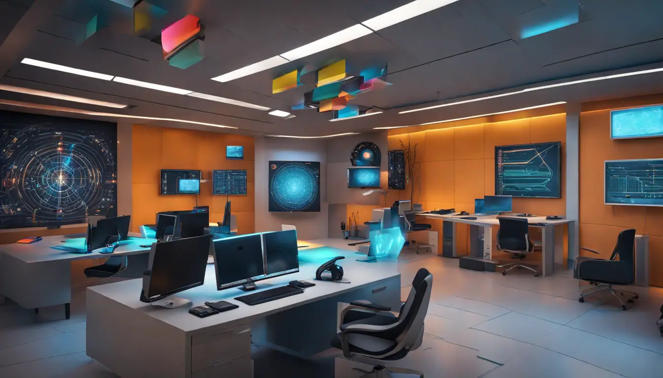 Sala de controle futurista com telas de computador mostrando gráficos de dados coloridos em tempo real.