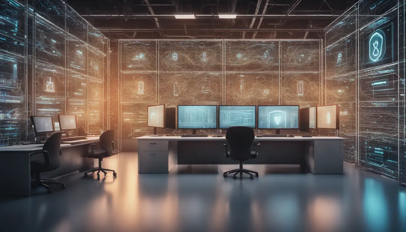 Laboratório de computadores com servidores e monitores exibindo símbolos de criptografia e cadeados digitais.