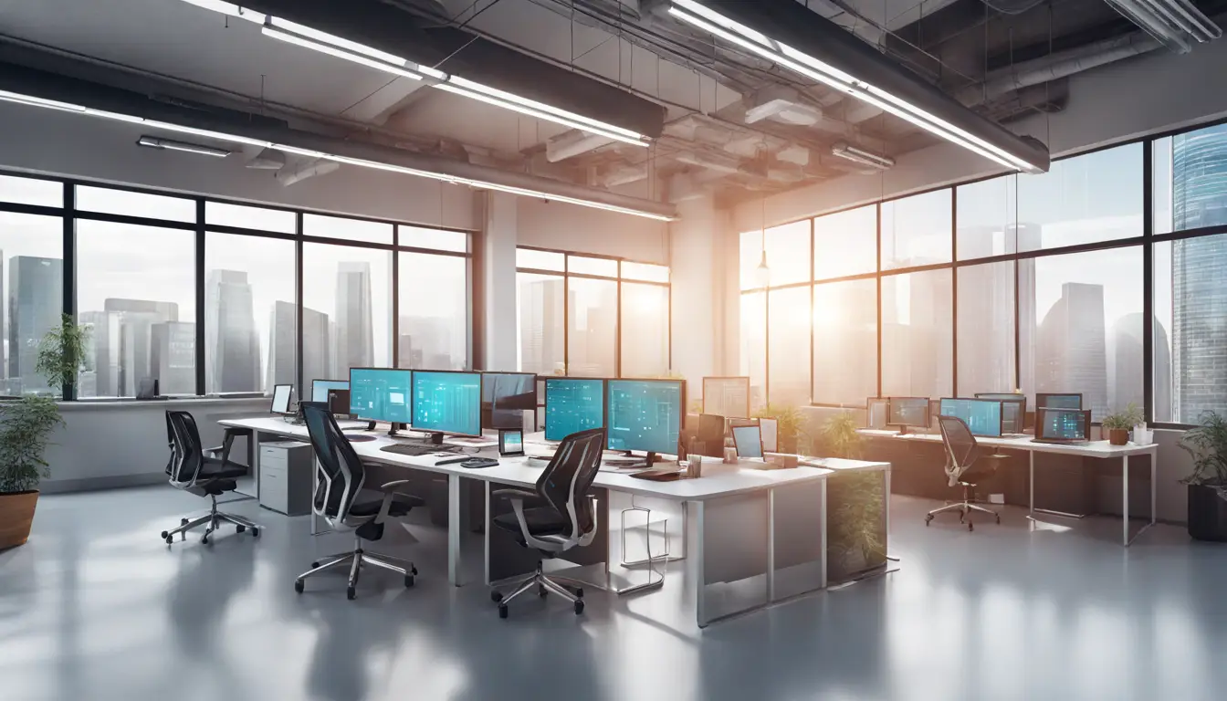 Ambiente de escritório moderno com um grande painel digital exibindo gráficos e visualizações de dados.