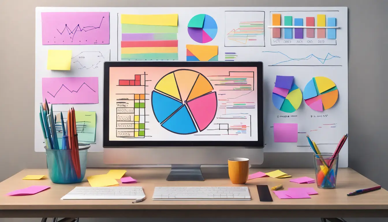 Computador com monitor exibindo gráficos coloridos, cercado por notas adesivas e um copo com canetas em uma mesa.