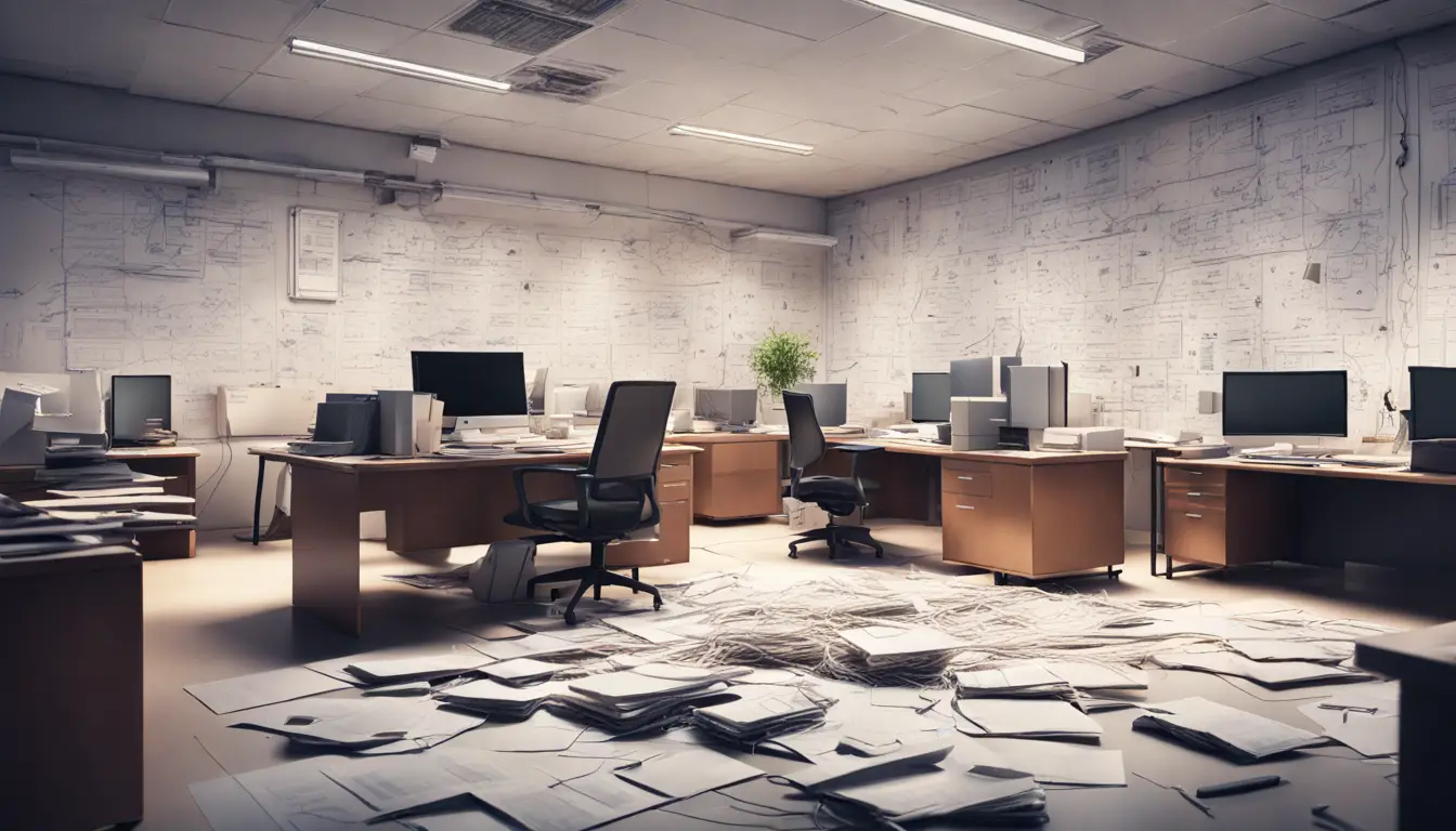 Escritório com mesa bagunçada, laptop com tela rachada, cabos emaranhados e quadros brancos com diagramas de fluxo de dados.