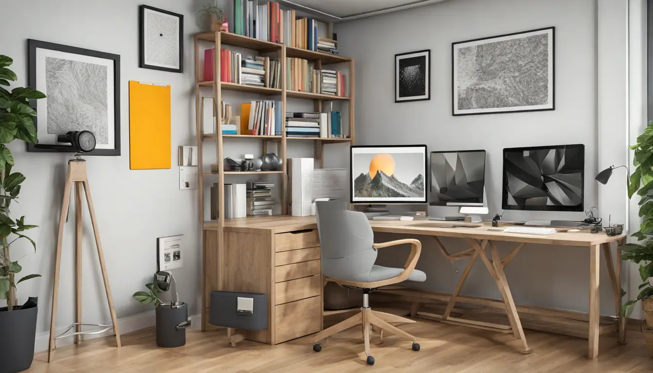 Escritório moderno com telas exibindo gráficos e diagramas coloridos de dados em computadores.