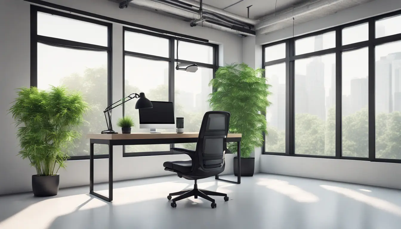 Espaço de escritório moderno com mesa de vidro, laptop, relógio digital grande e planta em vaso iluminada por luz natural.