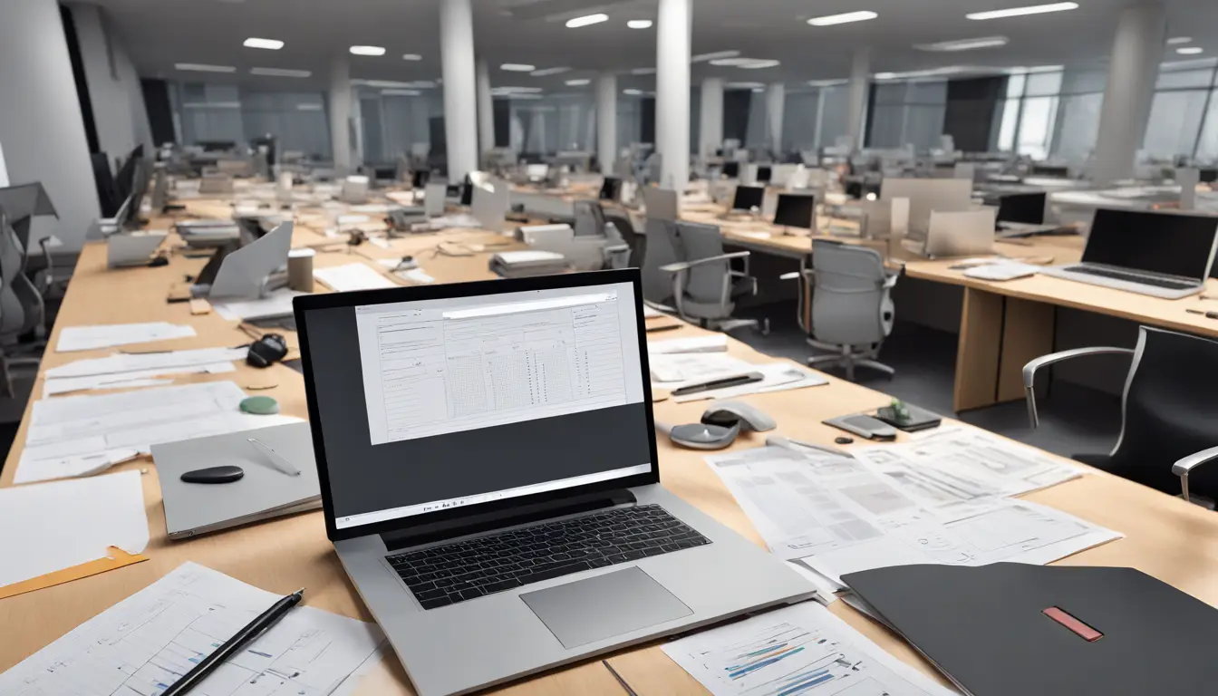 Várias versões de relatórios em laptops abertos sobre uma mesa de escritório com papéis e suprimentos.