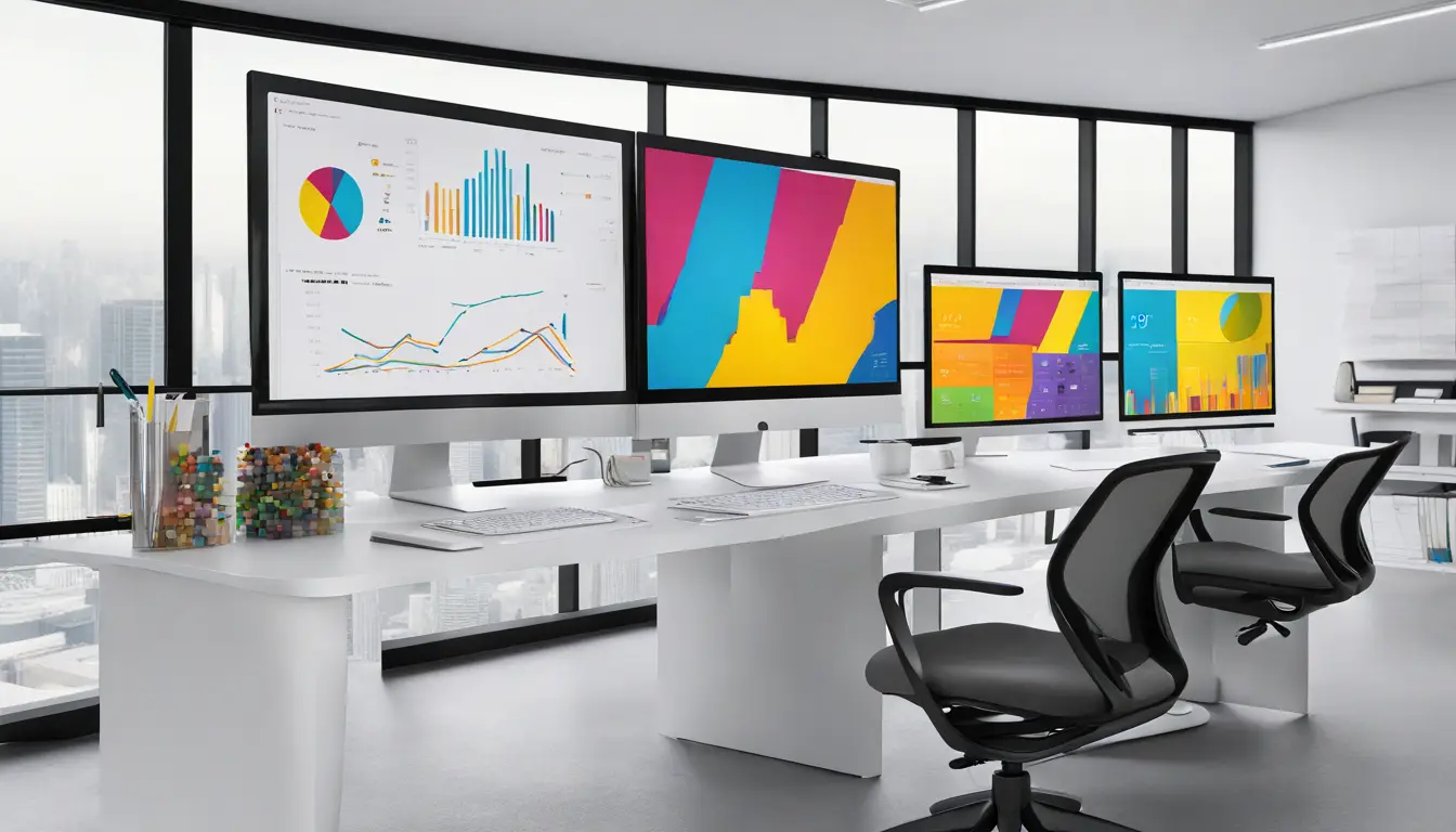 Monitor de computador em um escritório exibindo painel interativo do Power BI com gráficos coloridos.