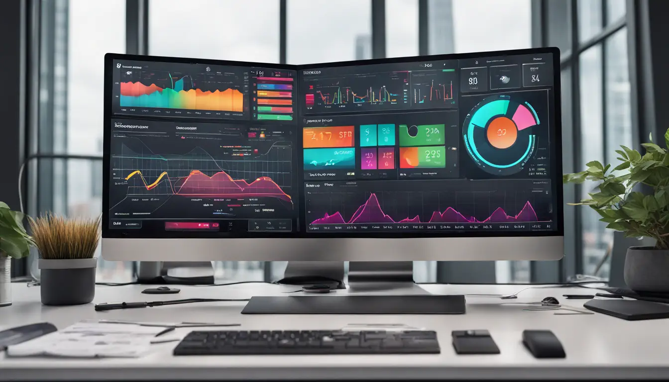 Painel de controle exibindo gráficos coloridos em uma tela de computador grande sobre uma mesa moderna.