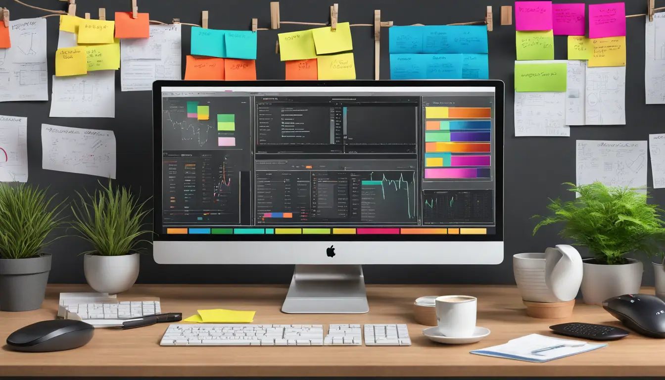 Monitor grande exibindo um dashboard personalizável em uma mesa organizada com gráficos, notas adesivas e planta.