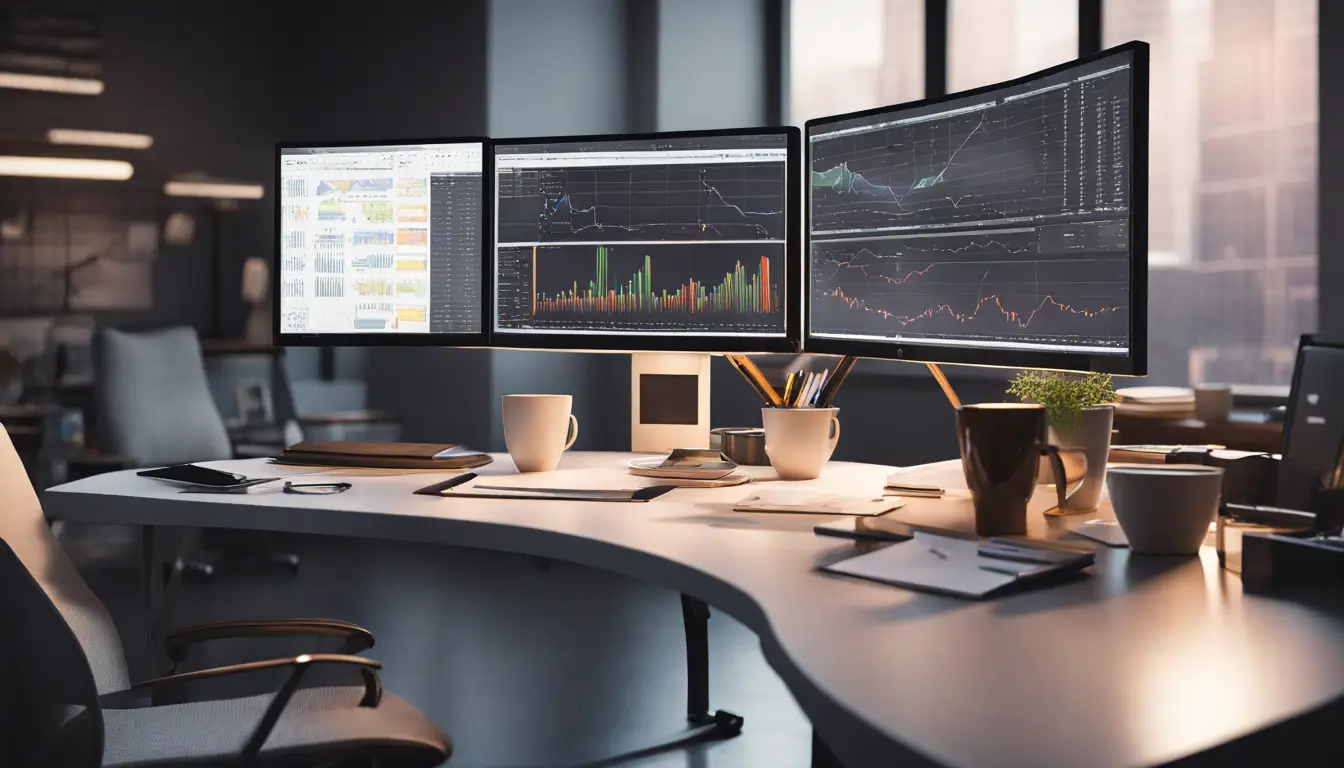 Monitor grande com gráficos detalhados em uma mesa de escritório, pastas organizadas e xícara de café.