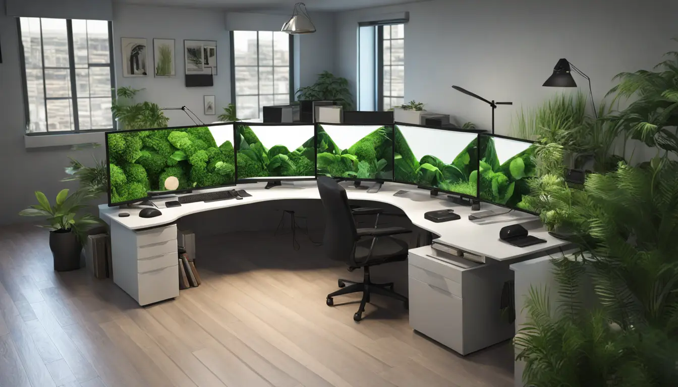 Equipe de quatro pessoas trabalhando em computadores com gráficos de dados em um escritório moderno e iluminado.