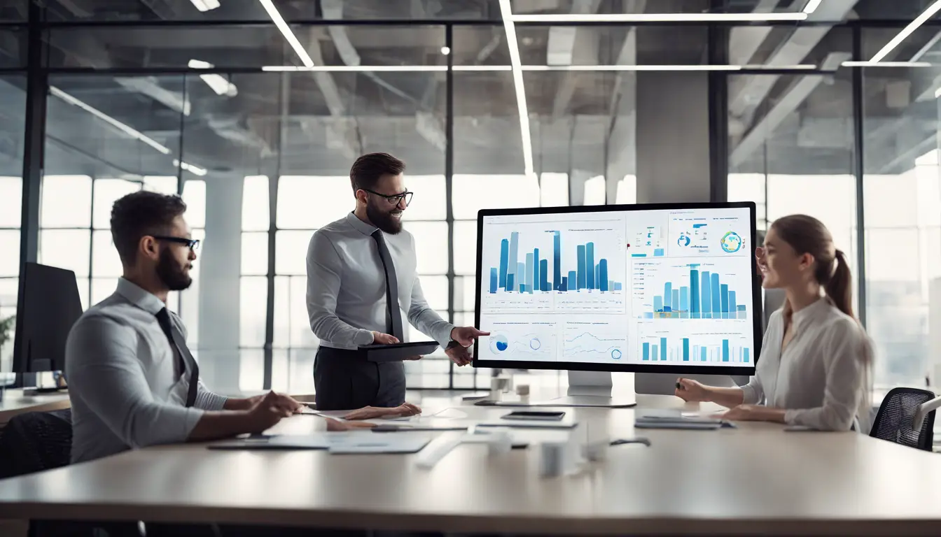 Equipe em escritório moderno discutindo dados em um grande painel digital na parede, com gráficos e tabelas coloridas.